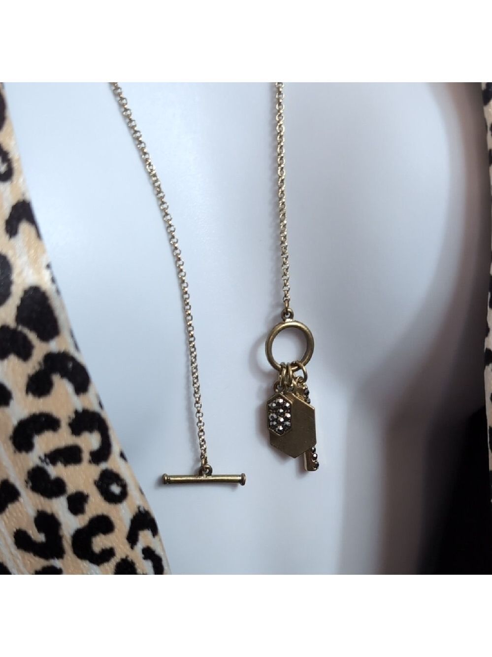 Lariat Style Necklace with Bar and Hexagon Medallions
